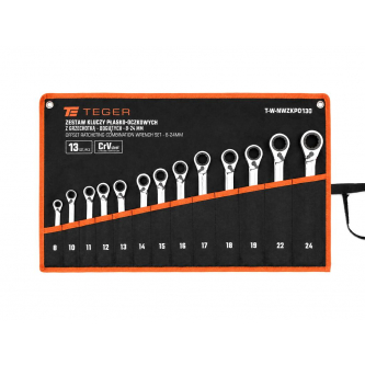 Set of ratcheting open-end wrenches, angled, 8-24 mm, 13 pcs, Teger