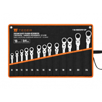 Set of ratcheting, articulated, open-end wrenches, 8-24 mm, 13 pcs, Teger
