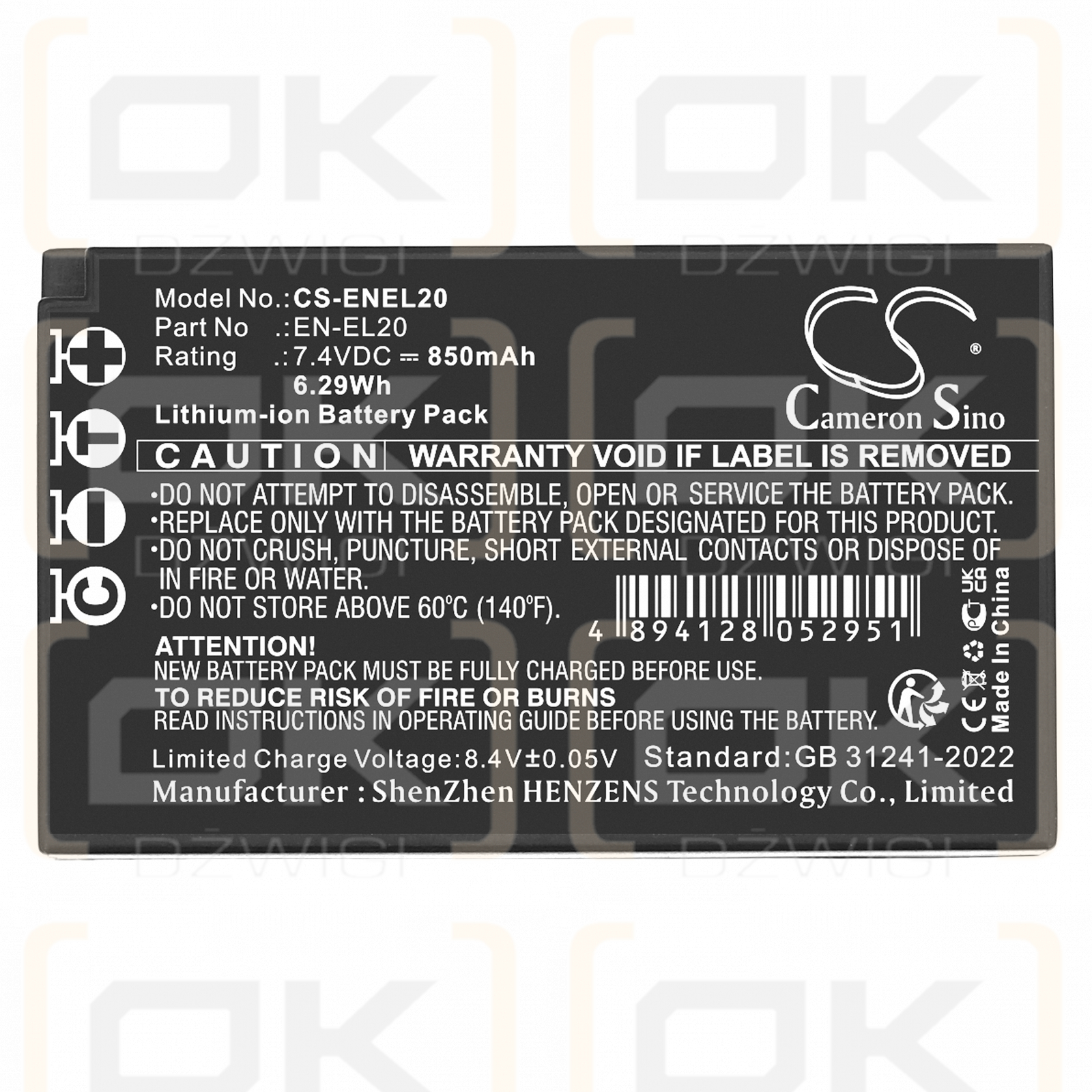 Nikon 1 AW1 / EN-EL20a 850mAh Li-ion 7.4V (Cameron Sino)