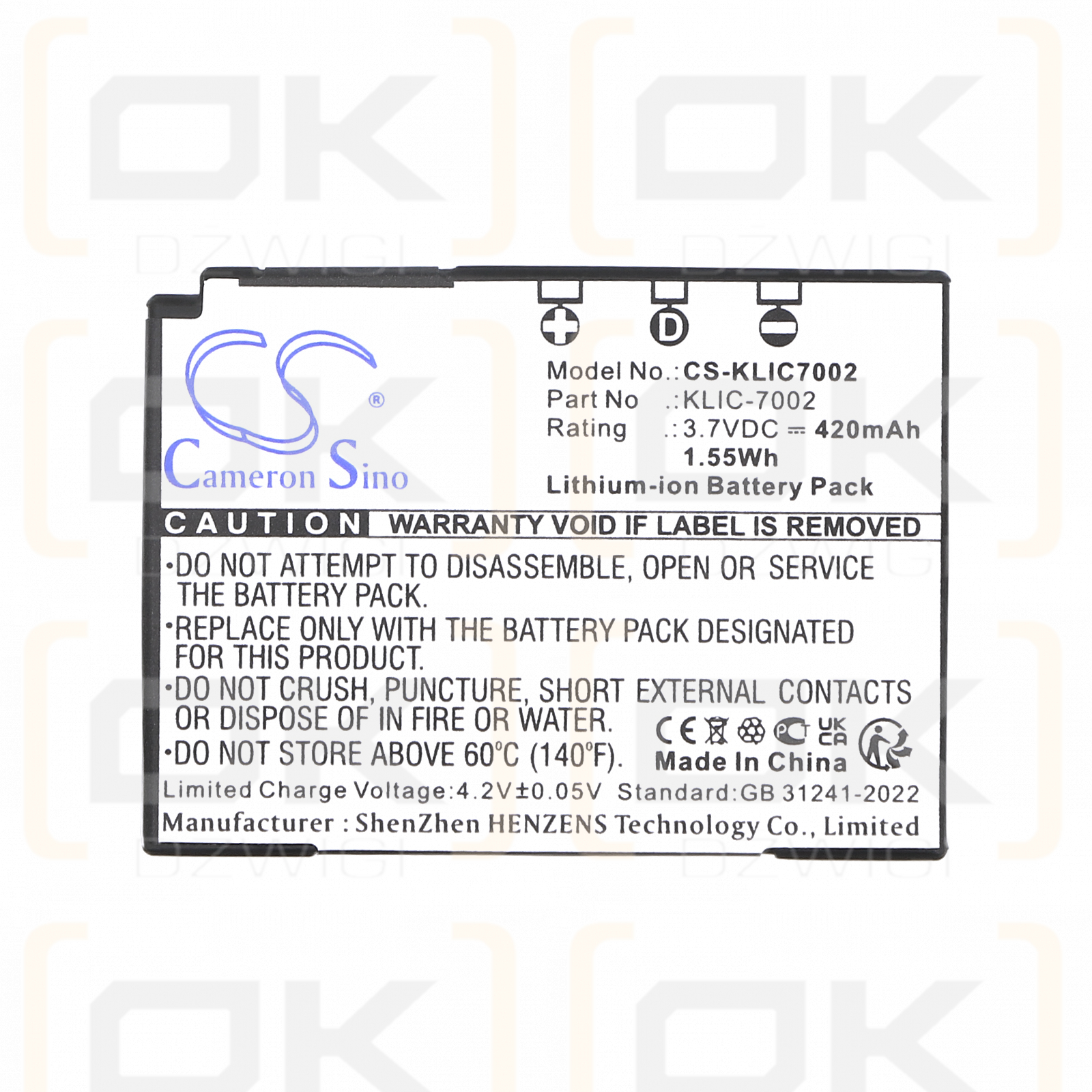 KODAK / KLIC-7002 420mAh Li-ion 3.7V (Cameron Sino)