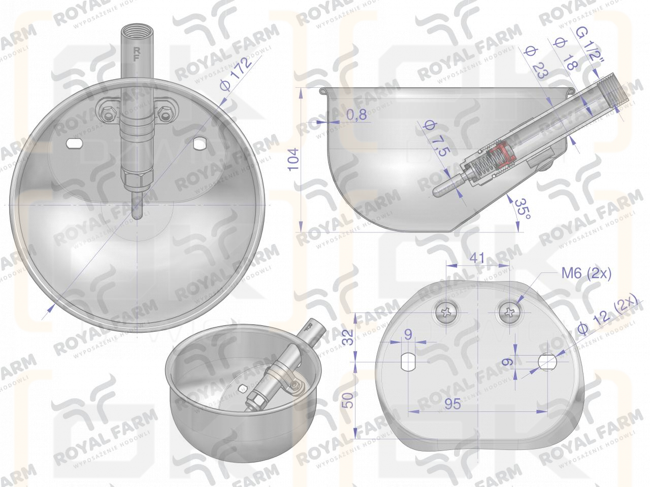 Poidło miskowe stal nierdzewna dla tuczników L ROYAL FARM ( pakowane po 10 )