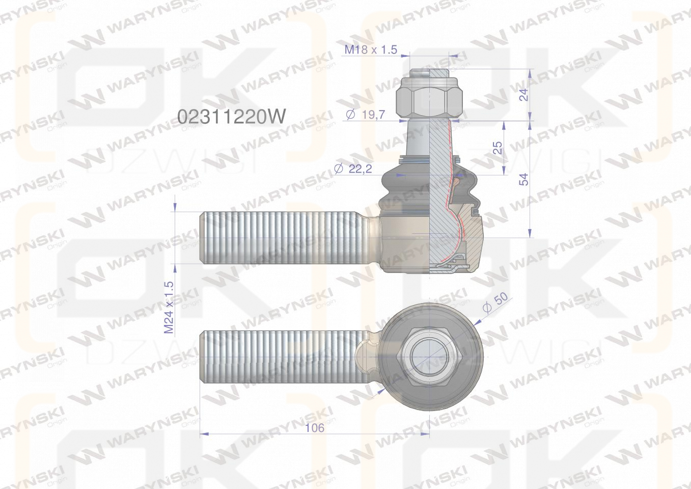 Przegub kierowniczy 106mm - M24x1,5 02311220 WARYŃSKI