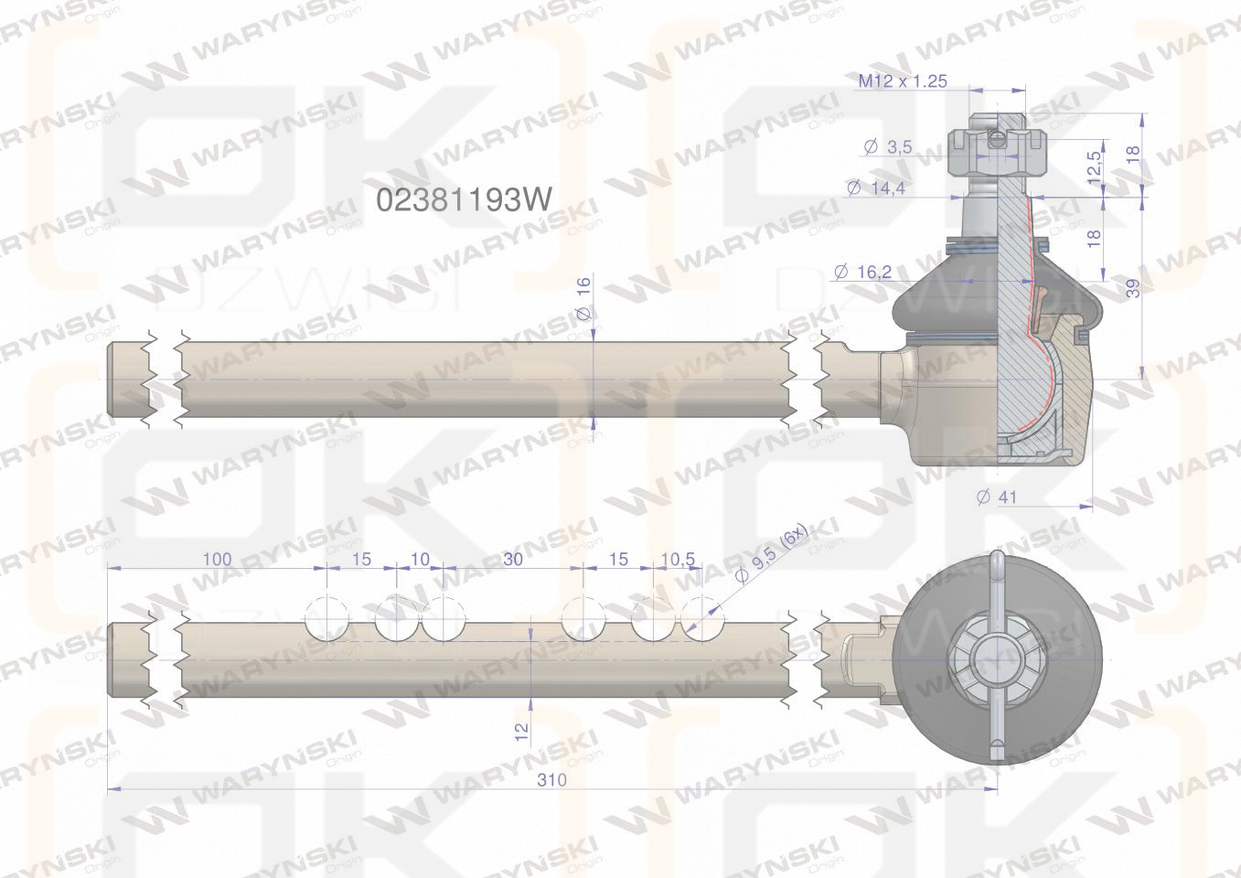 Przegub kierowniczy 310mm 02381193 WARYŃSKI