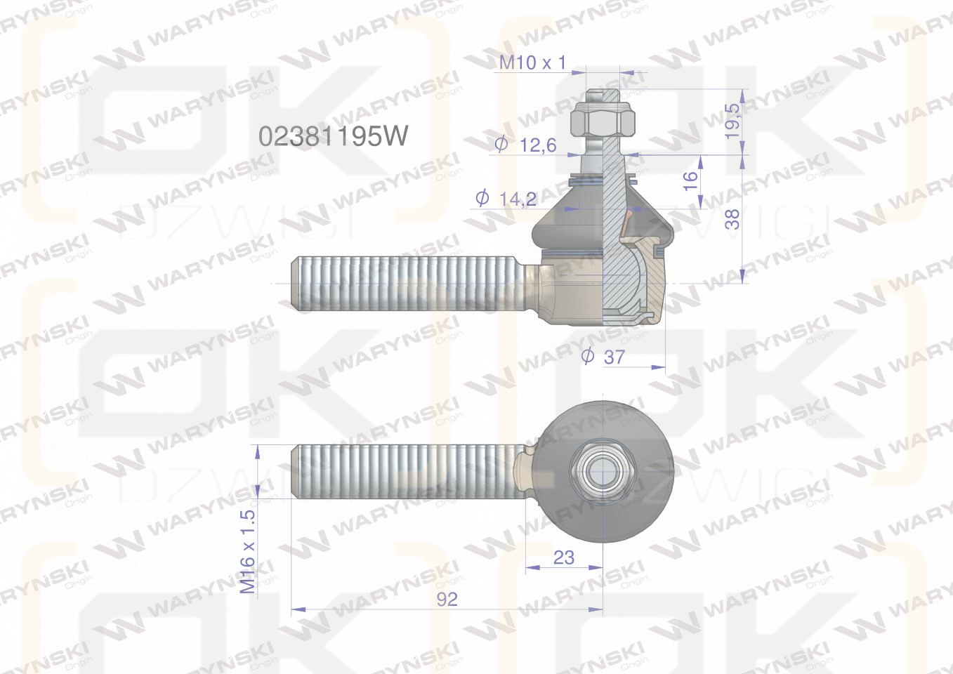Przegub kierowniczy M16x1.5 02381195 WARYŃSKI