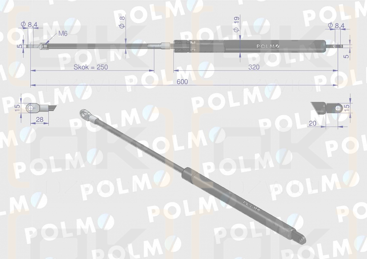 Siłownik szyby tylnej. Szyberdachu L max. 600mm 0308250110P BELARUS MTZ POLMO