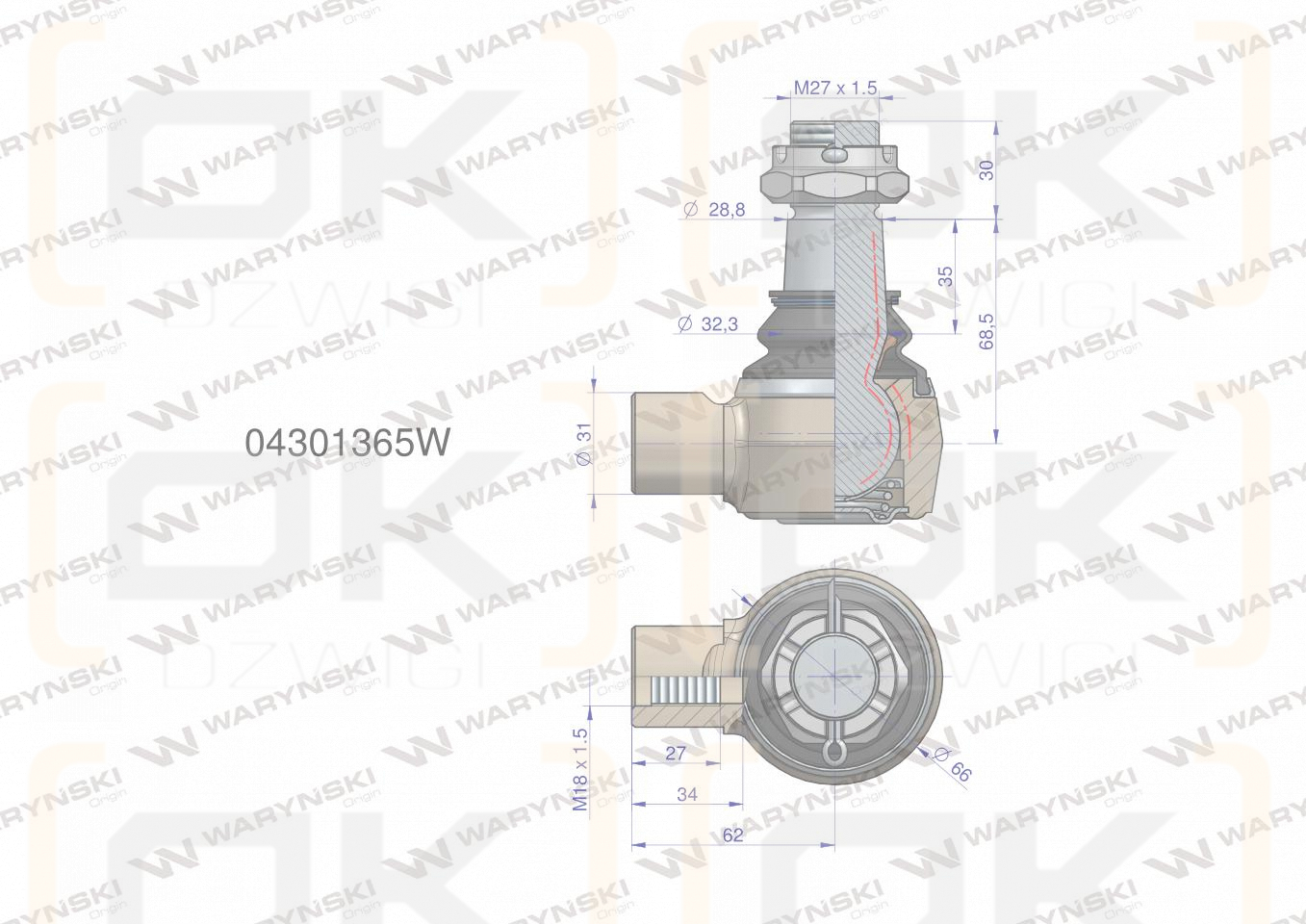 Przegub kierowniczy 62mm-  M18x1,5 04301365 WARYŃSKI