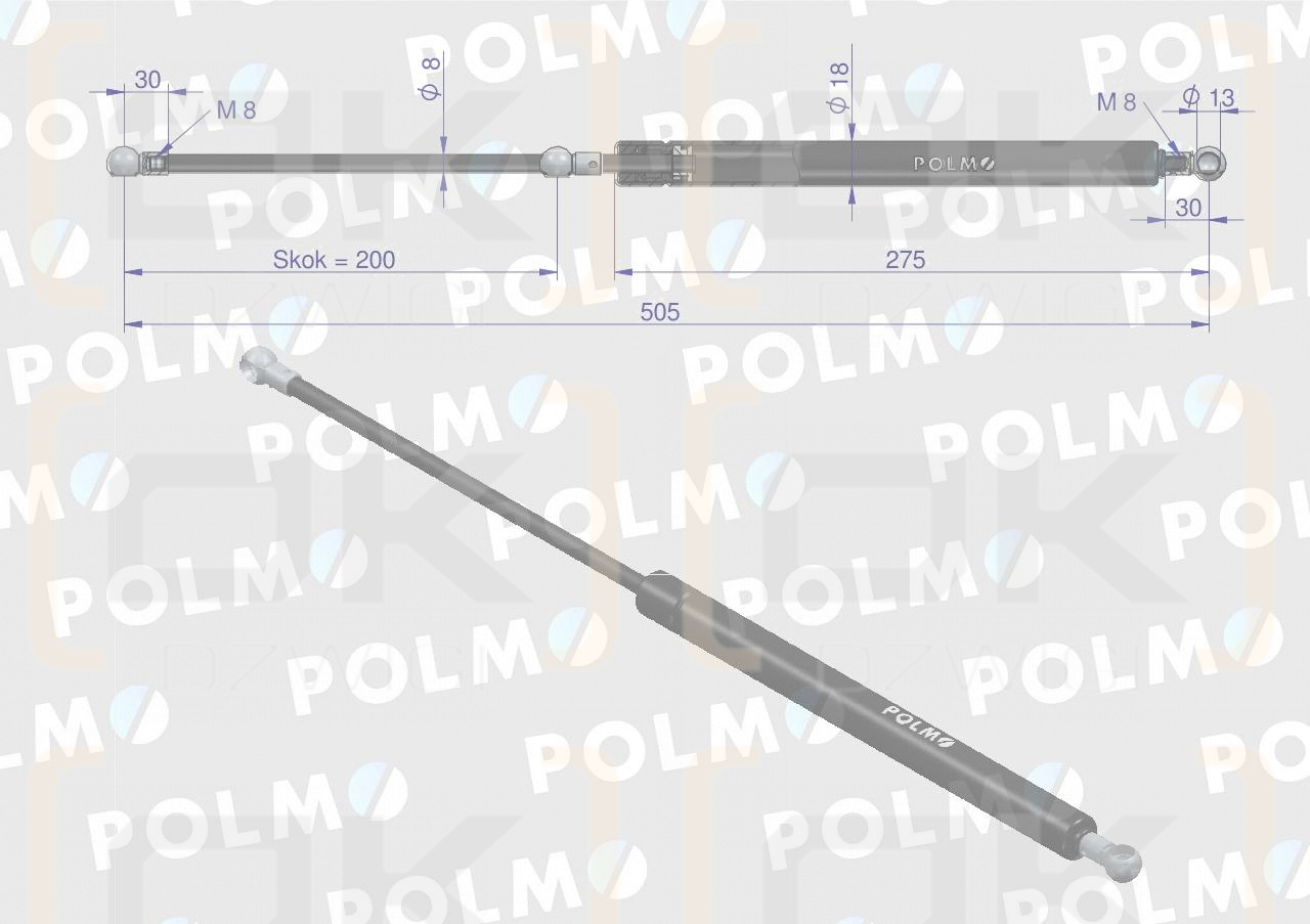 Siłownik szyby przedniej tylnej L max. 510mm 04357777P drzwi  DEUTZ POLMO