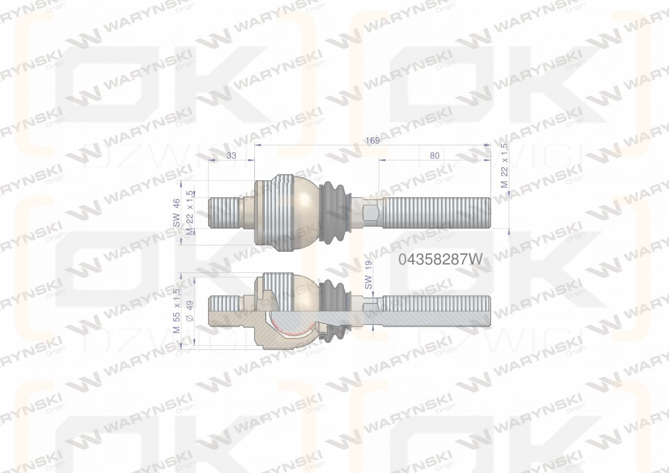 Przegub kierowniczy 202mm- M22x1,5; M22x1,5 04358287 WARYŃSKI