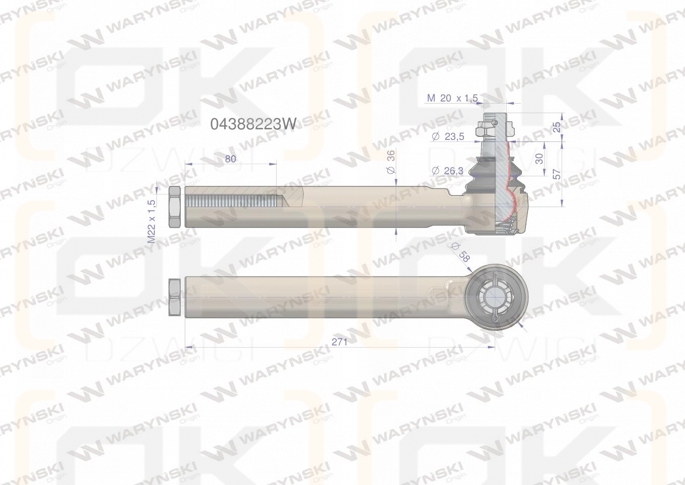 Przegub kierowniczy 271mm- M22x1,5 04388223 WARYŃSKI