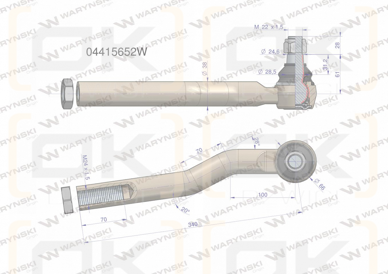 Przegub kierowniczy prawy 340mm - M24x1,5 04415652 WARYŃSKI