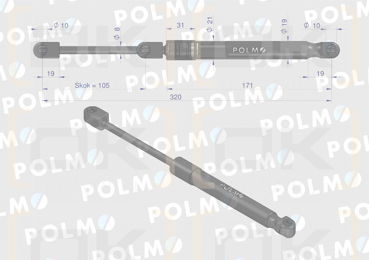Siłownik maski silnika L max. 320mm 04416543P DEUTZ POLMO