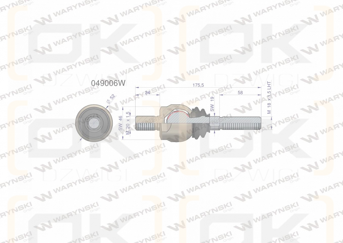 Przegub kierowniczy 175,5mm- M20x1,5 ; M18x1,5 L 049006 WARYŃSKI