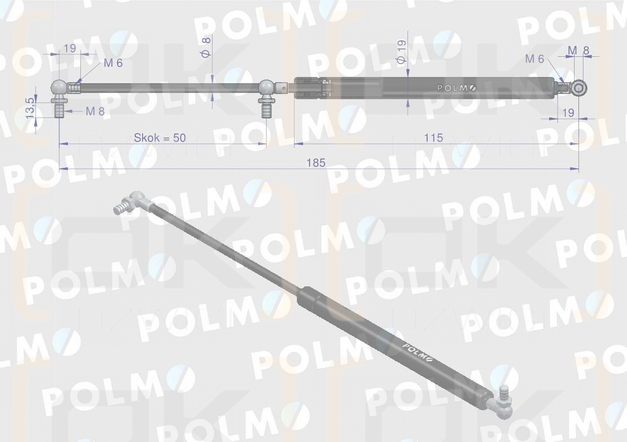 Siłownik szyby bocznej L max. 185mm 65499071 DIETEG POLMO