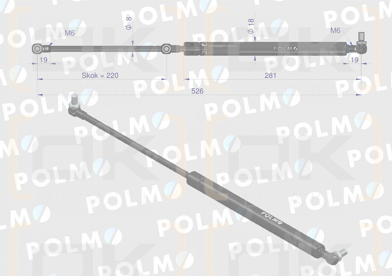 Siłownik szyby tylnej L max. 526mm 10368917P ZETOR POLMO