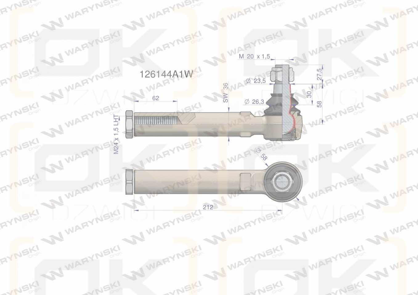 Przegub kierowniczy 212mm- M24x1,5L 126144A1 WARYŃSKI