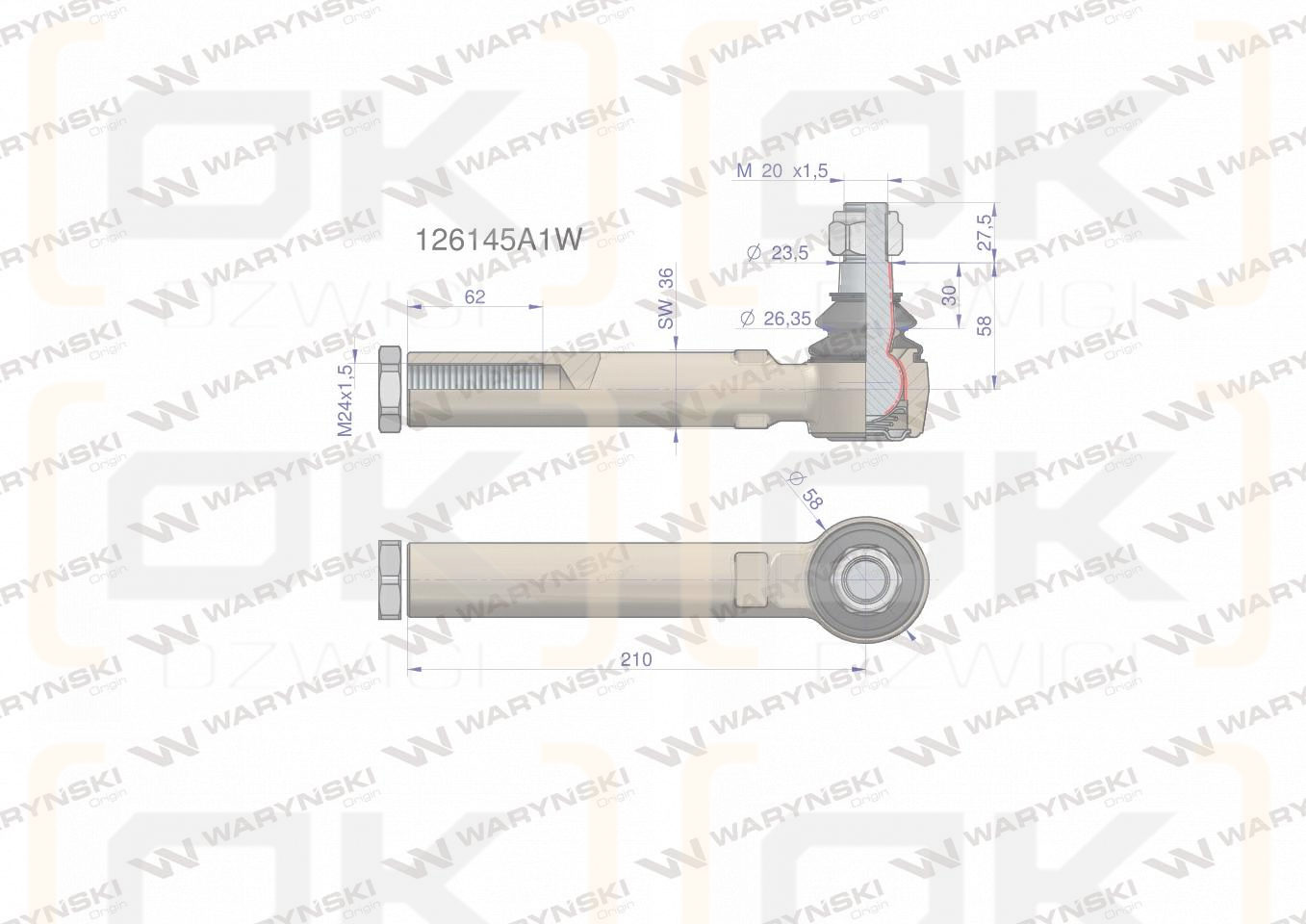 Przegub kierowniczy 210mm- M24x1,5 126145A1 WARYŃSKI