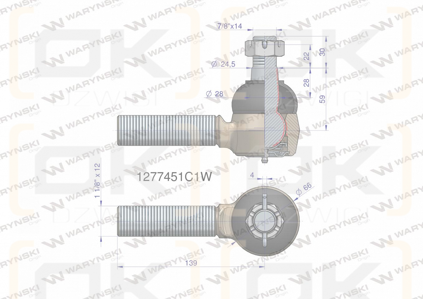 Przegub kierowniczy 139mm - 1 1/8
