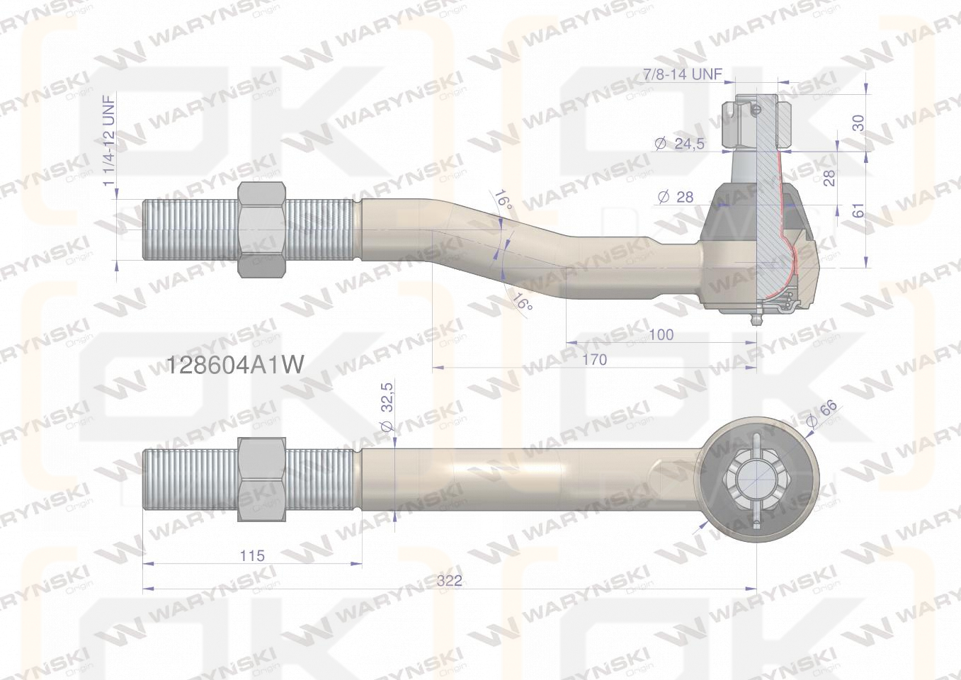 Przegub kierowniczy 322mm- 1 1/4-12 128604A1 WARYŃSKI