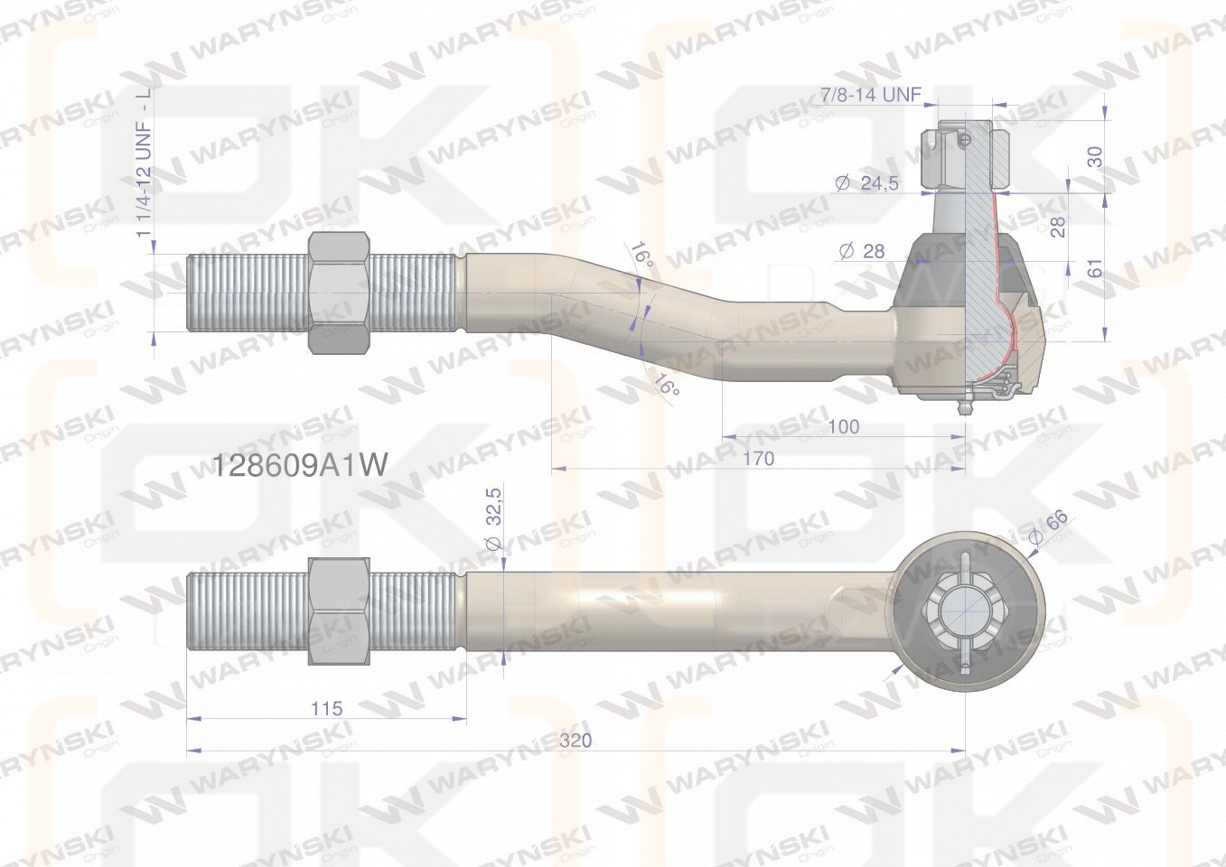 Przegub kierowniczy 320mm- 1 1/4-12 L 128609A1 WARYŃSKI