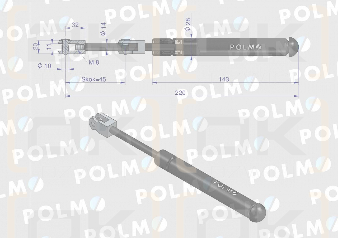 Siłownik szyba przednia L max. 220mm 65499076 FRITZMEIER POLMO