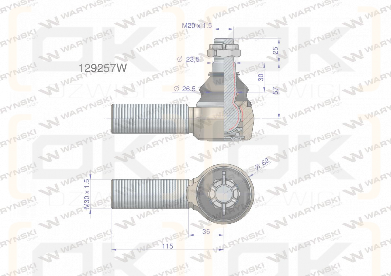 Przegub kierowniczy M30x1.5 129257 WARYŃSKI