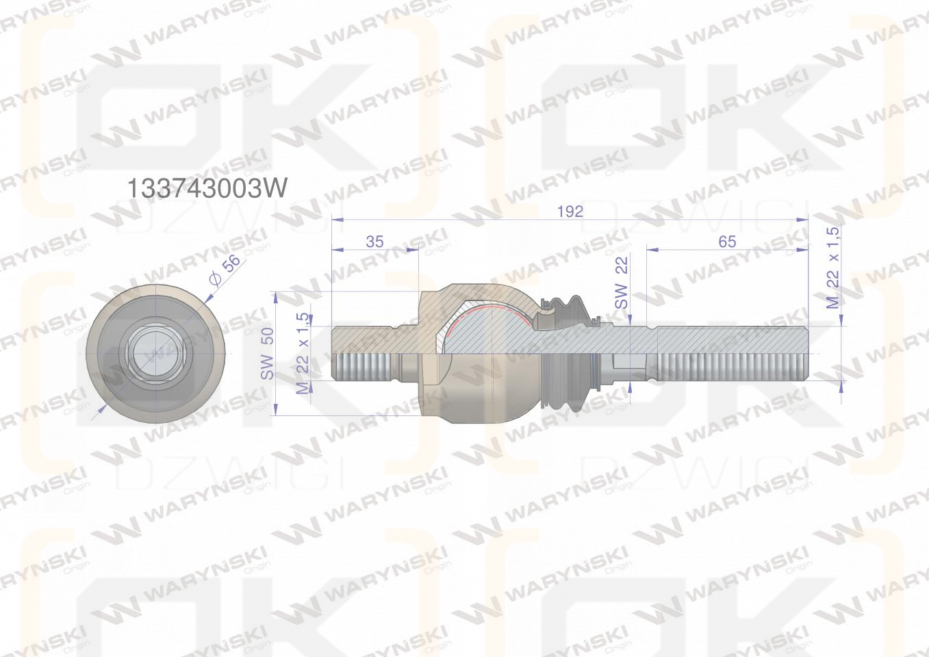 Przegub kierowniczy 192mm - M22x1,5 ; M22x1,5 133743003 WARYŃSKI