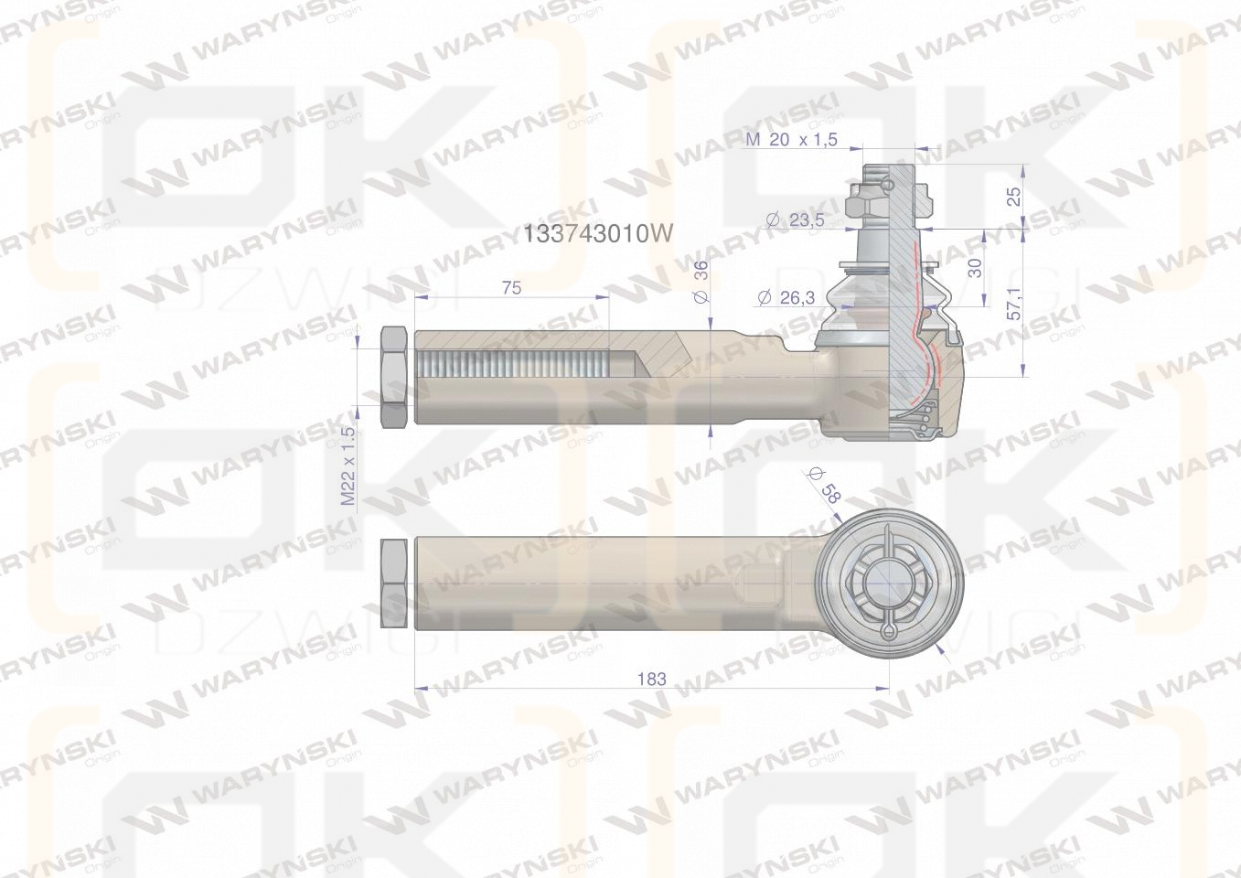 Przegub kierowniczy 183mm- M22x1,5 133743010 WARYŃSKI