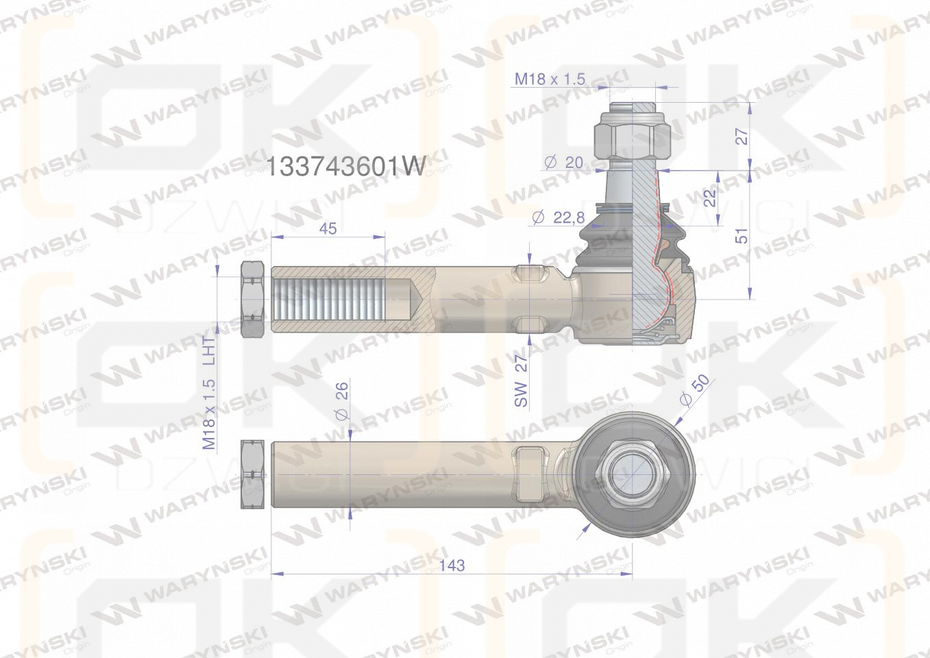Przegub kierowniczy 143mm - 18x1,5L 133743601 WARYŃSKI