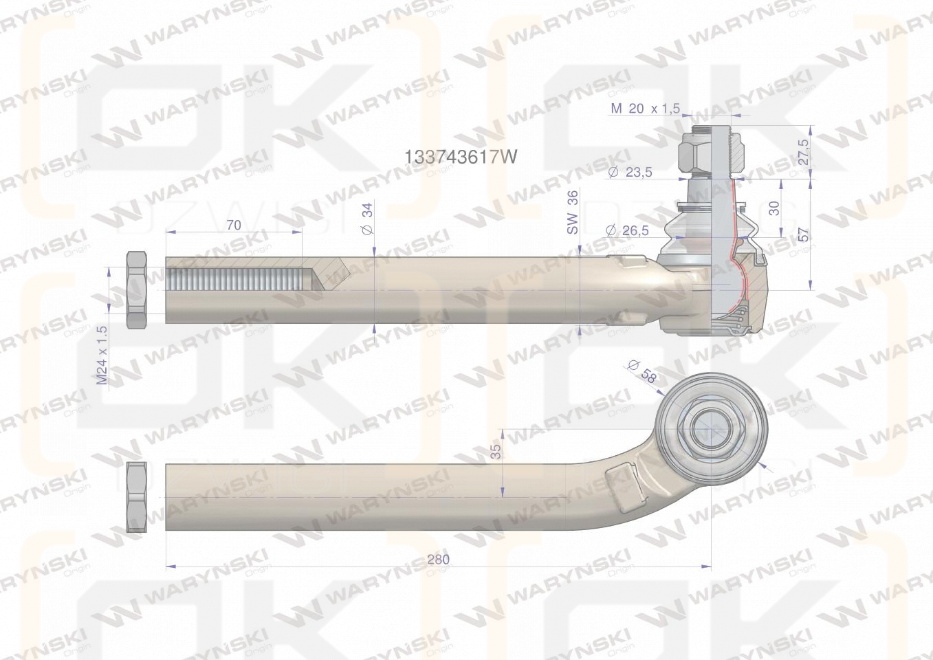 Przegub kierowniczy prawy 280mm- M24x1,5 133743617 WARYŃSKI