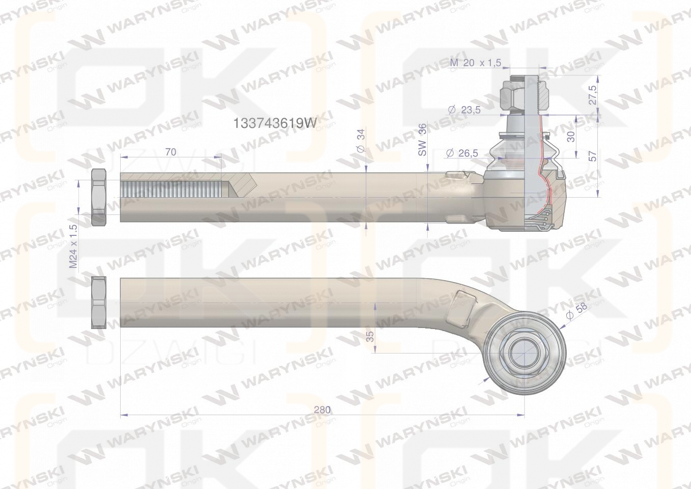 Przegub kierowniczy lewy 280mm- M24x1,5 133743619 WARYŃSKI