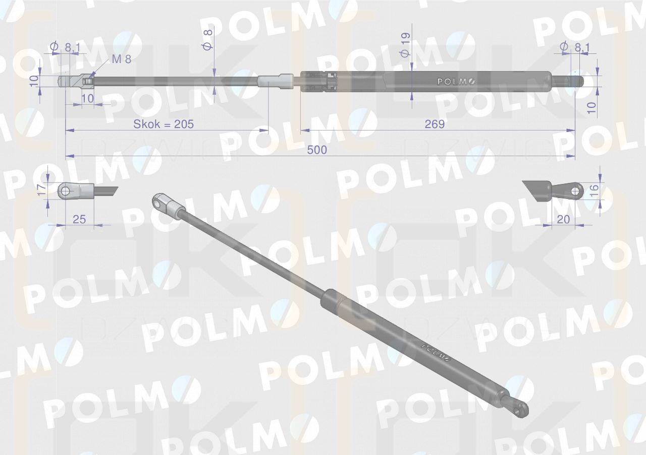 Siłownik szyby tylnej L max. 500mm 65421008 STEYR POLMO