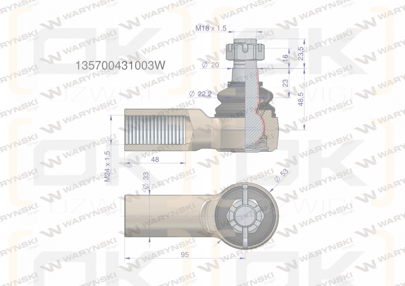 Przegub kierowniczy 95mm - 24x1,5 135700431003 WARYŃSKI
