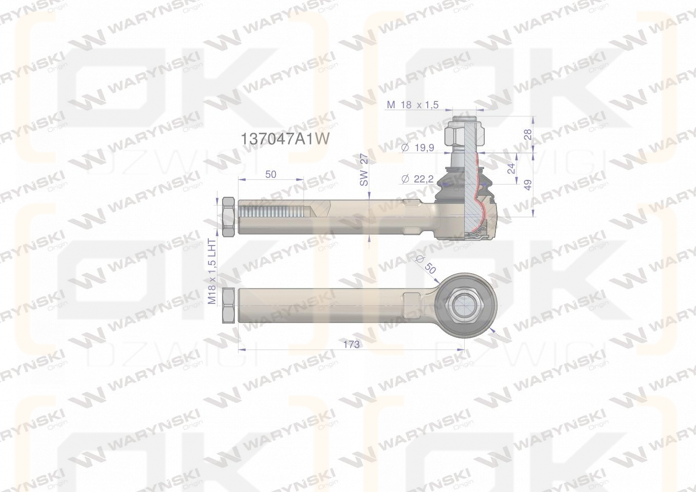 Przegub kierowniczy 173mm- M18x1,5L 137047A1 WARYŃSKI