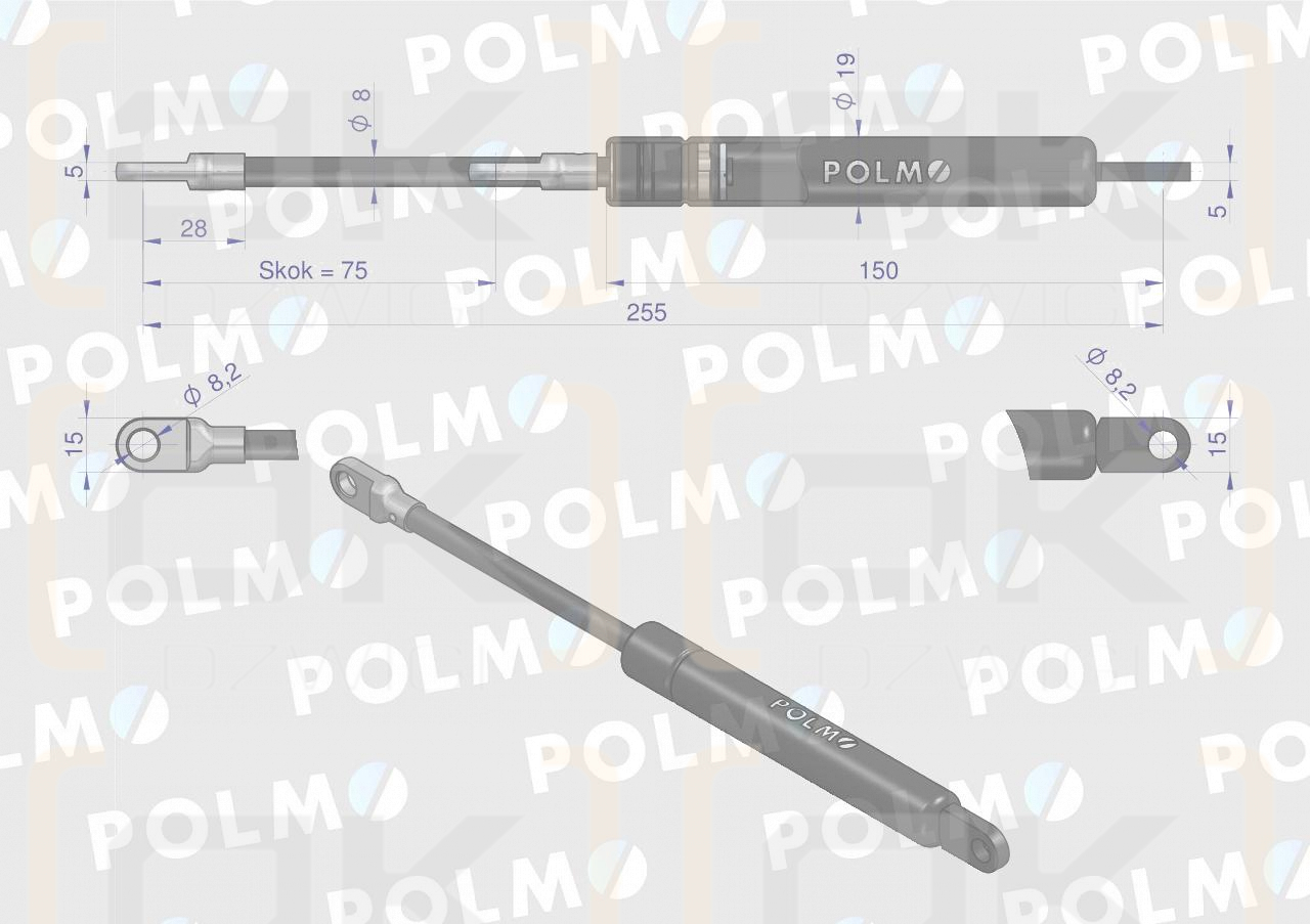 Siłownik szyby przedniej Szyberdachu L max. 255mm 1427157M90P 1427157M91 MASSEY FERGUSON SAME LANDINI POLMO