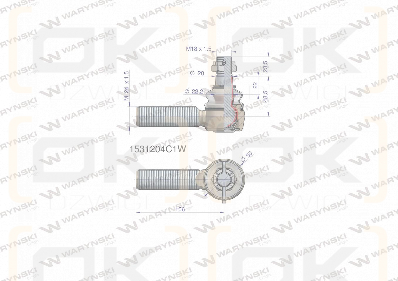 Przegub kierowniczy 106mm- M24x1,5 1531204C1 WARYŃSKI