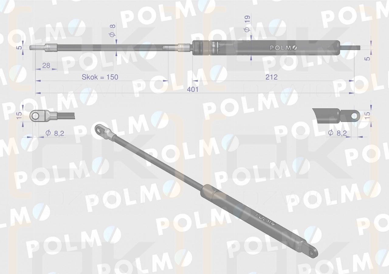 Siłownik maski silnika L max. 400mm 1531489C0P CASE IH POLMO