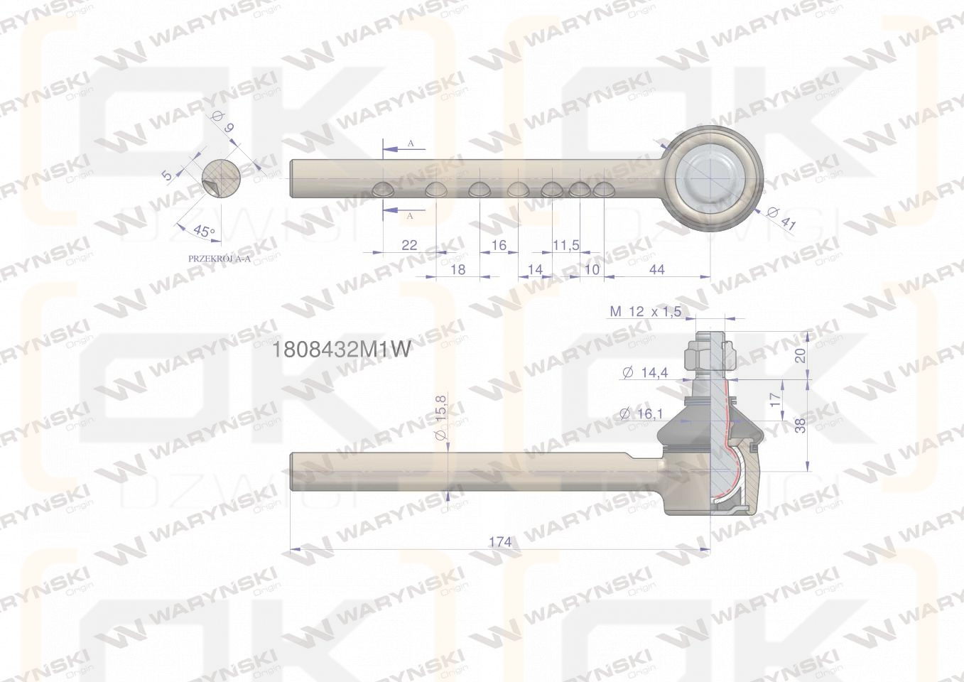 Przegub kierowniczy 174mm 1808432M1 WARYŃSKI