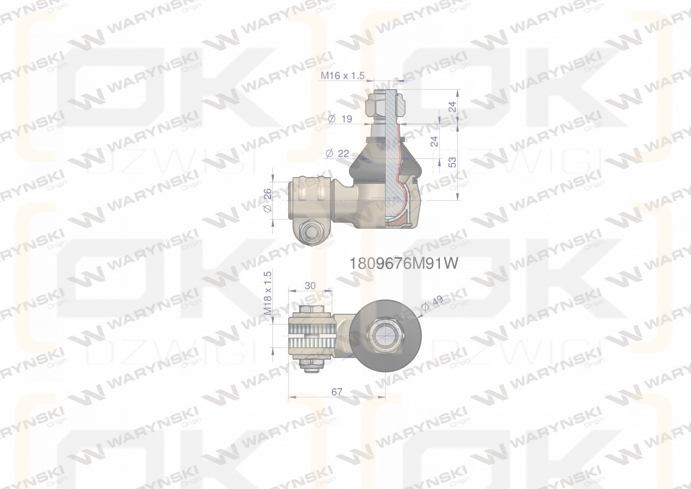 Przegub kierowniczy 67mm- M18x1,5 1809676M91 WARYŃSKI