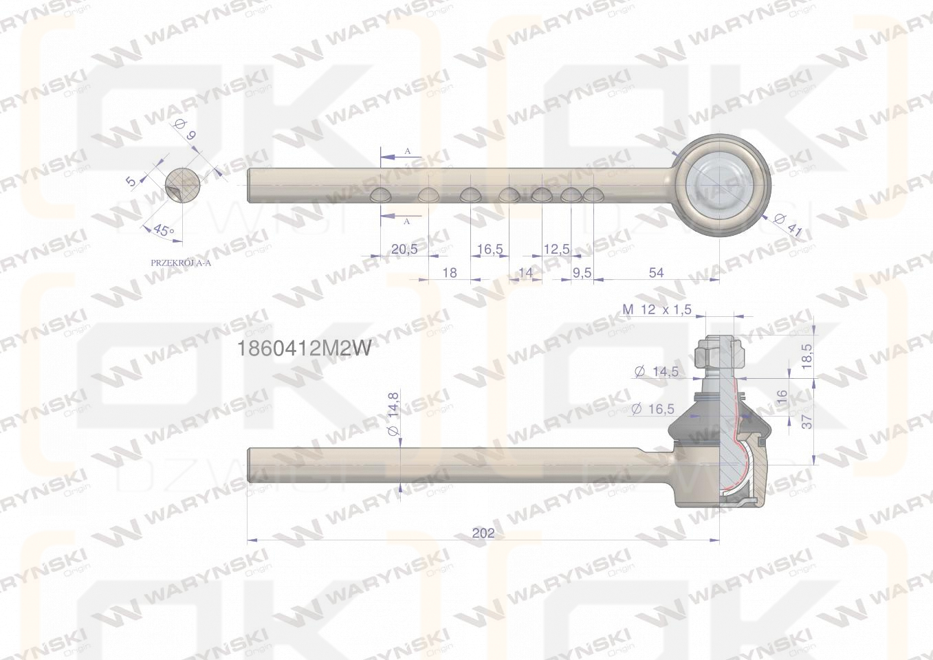 Przegub kierowniczy 202mm 1860412M2 WARYŃSKI