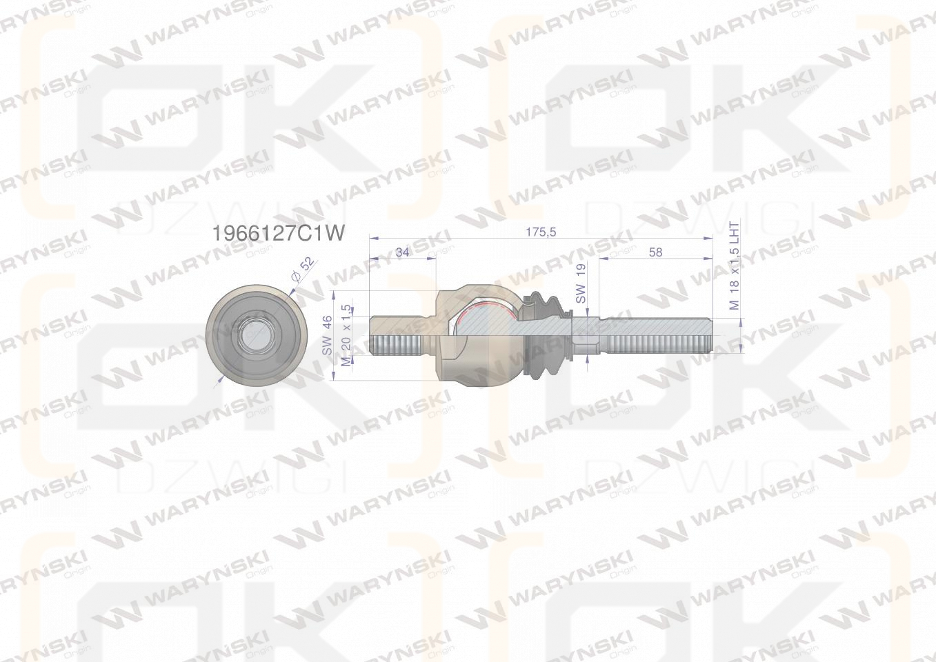 Przegub kierowniczy 175,5mm- M20x1,5; M18x1,5L 1966127C1 WARYŃSKI