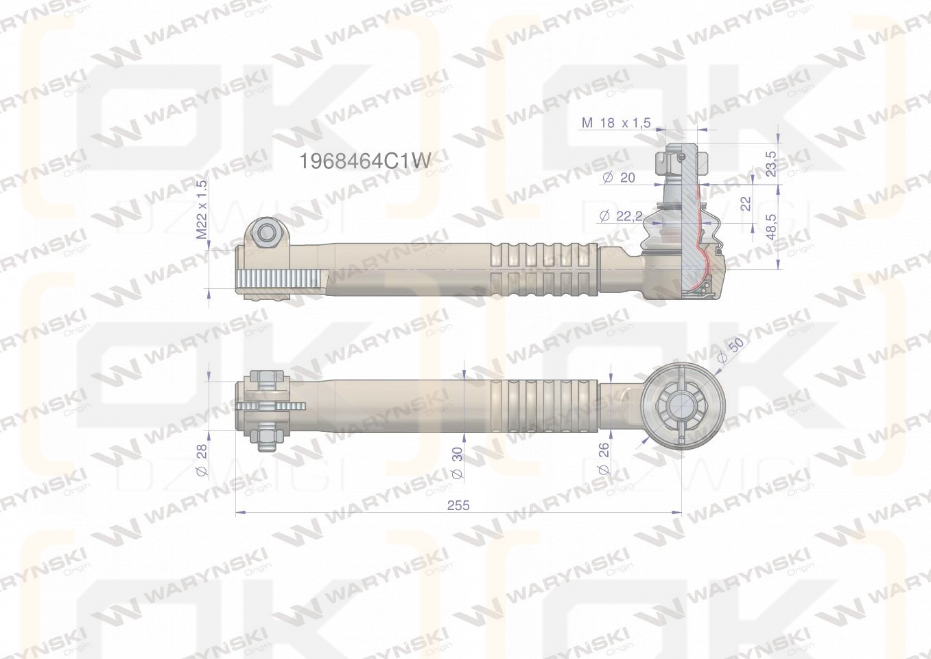 Przegub kierowniczy 255mm- M22x1,5 1968464C1 WARYŃSKI