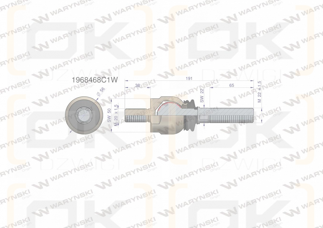Przegub kierowniczy 191mm- M20x1,5; M22x1,5 1968468C1 WARYŃSKI