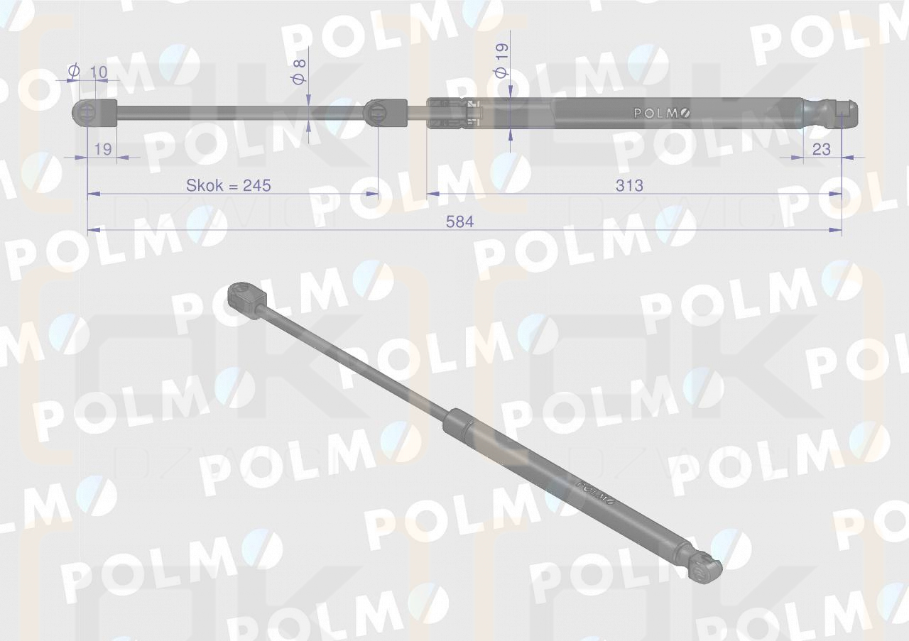 Siłownik szyby tylnej L max. 584mm 65421002 1-99-976-047 STEYR POLMO