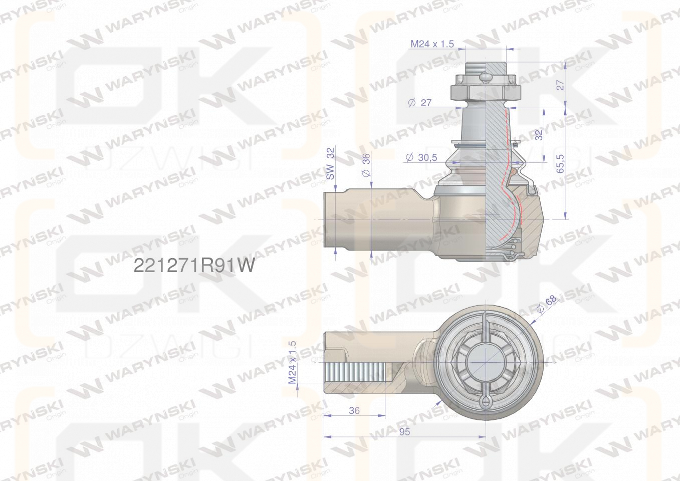Przegub kierowniczy 95mm- M24x1.5 221271R91 WARYŃSKI