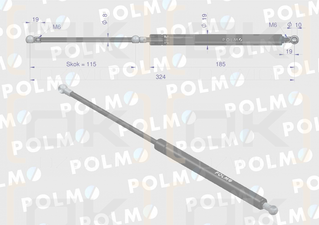 Siłownik szyby tylnej L max. 324mm 252550A2P CASE IH NEW HOLLAND POLMO