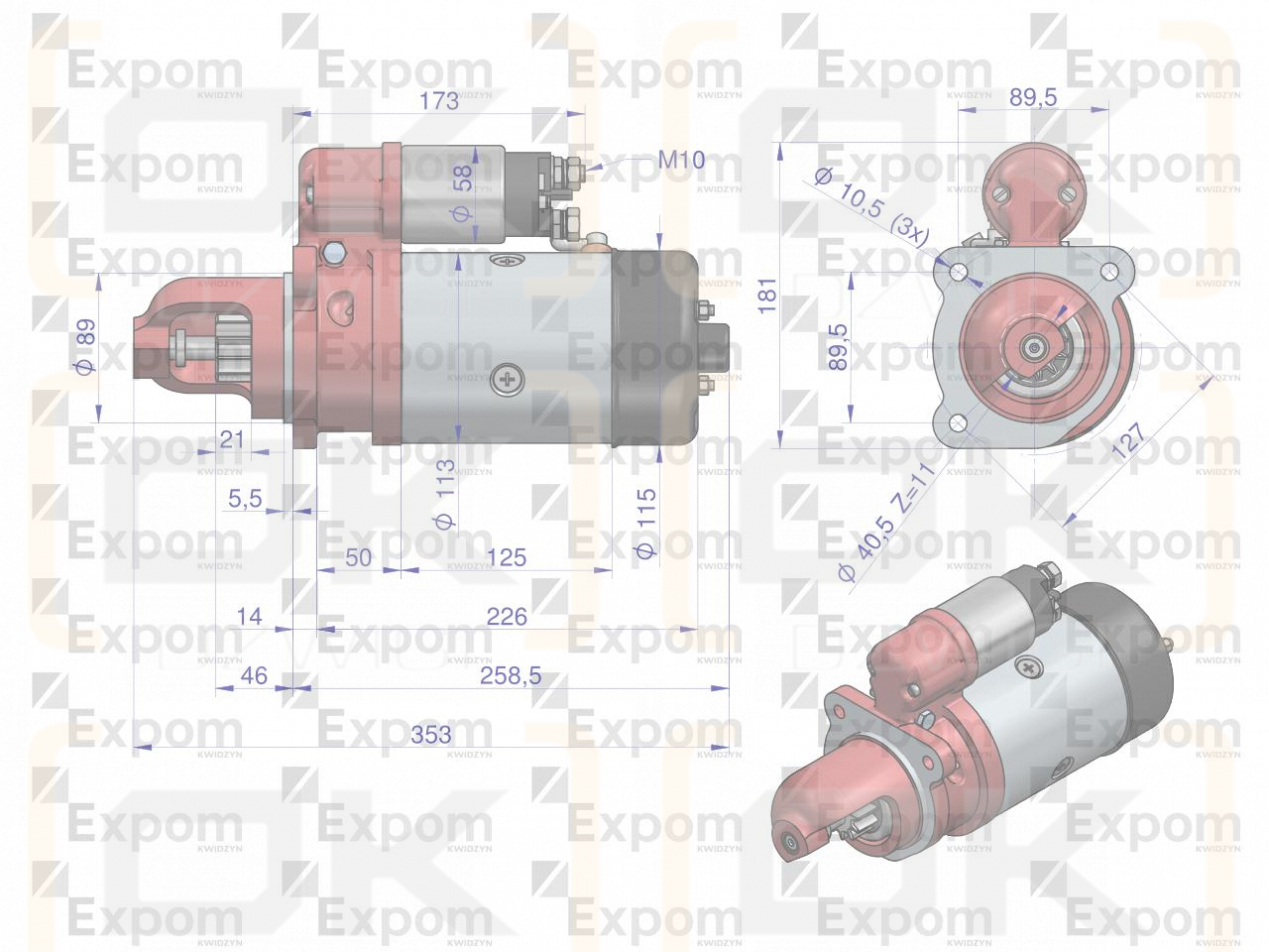 Starter motor R11B 300855ER. 80350913 12V 3 kW C-385 regenerated EXPOM KWIDZYN eu 