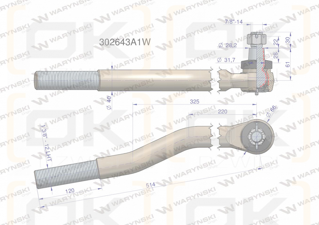 Przegub kierowniczy lewy 514mm- 1 3/8