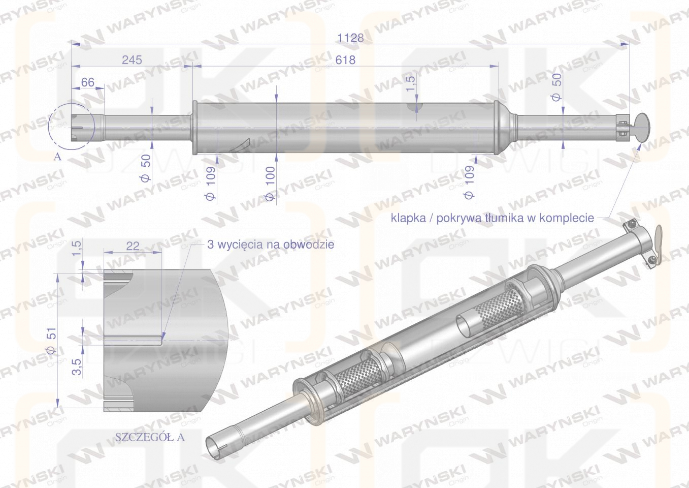 Tłumik 1128mm 3029104M1 4.8kg MF3 C-3603P (prosty) INOX WARYŃSKI