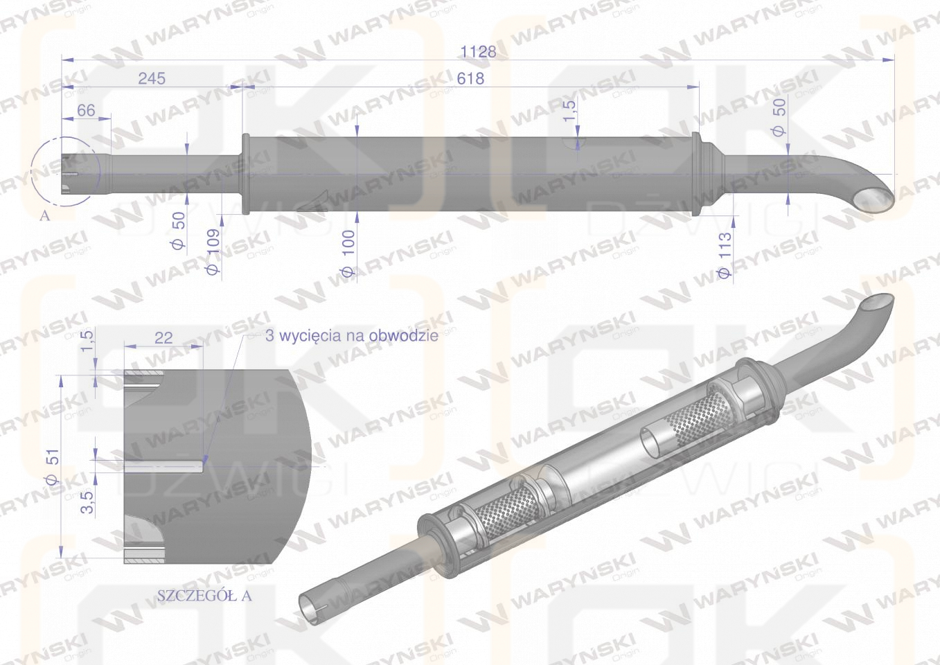 Tłumik 1128mm 3029104M1 4.8kg MF3 C-3603P WARYŃSKI