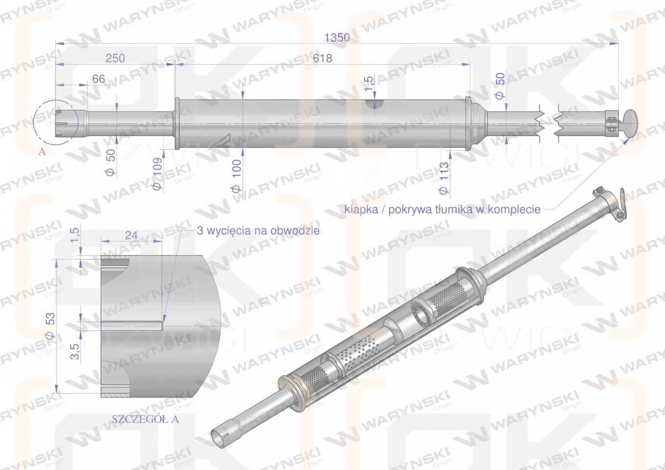 Tłumik 1350mm 5.8kg MF3 (prosty) INOX WARYŃSKI